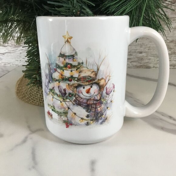 Rustic Snowman with Christmas Tree 15 oz Ceramic Coffee Mug - Picture 2 of 6